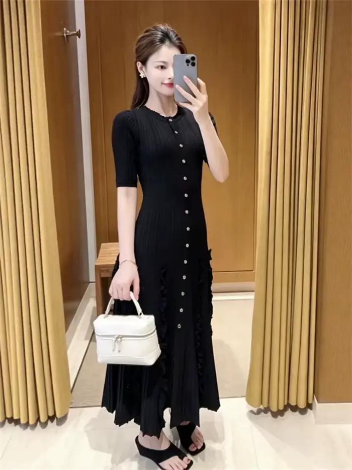 Robe Courte Tricotée Unie à Volants pour Femme