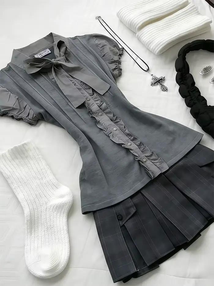 Ensemble 2 pièces Preppy : Robe Gothique Américaine Rétro Y2K Années 2000