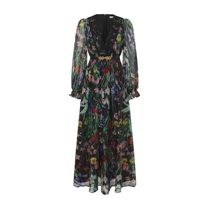 Robe de soirée longue élégante de style français vintage pour femmes, robe à manches évasées, col en V, dentelle imprimée, robe chic pour les vacances, les fêtes