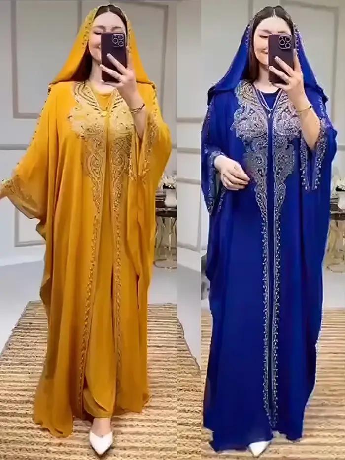 Eid Robe musulmane pour femmes à capuche Abaya 2 pièces ensemble diamant Jalabiya Maroc robes de soirée dubaï Abayas