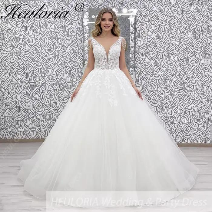 HEULORIA élégant col en V robes De mariée pour les femmes 2025 robe De Novia dentelle perle personnalisé longues
