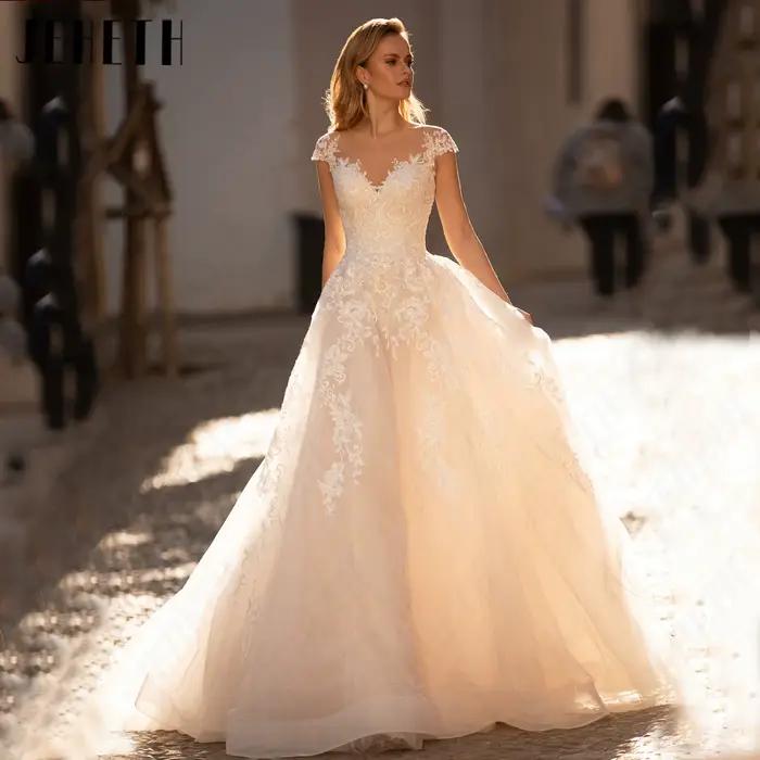 JEHETH Appliques Cap manches Illusion Robes de mariée exquises pour les femmes dentelle Tulle personnalisé élégant