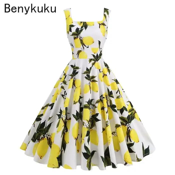 Robe d'été vintage style Hepburn à imprimé citron