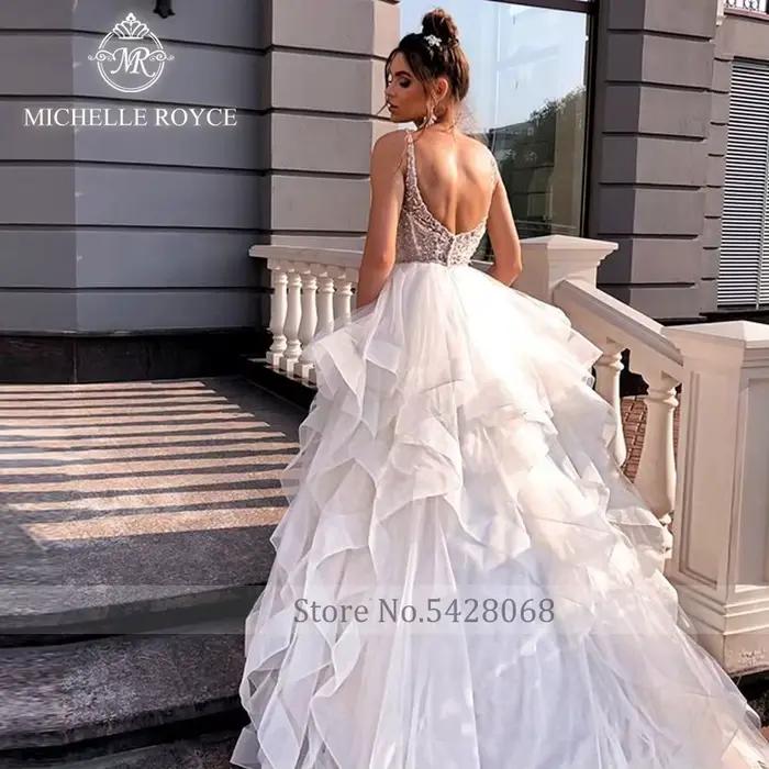 Michelle Royce chérie a-ligne robes De mariée bretelles Spaghetti découpé bouton chapelle Train robe