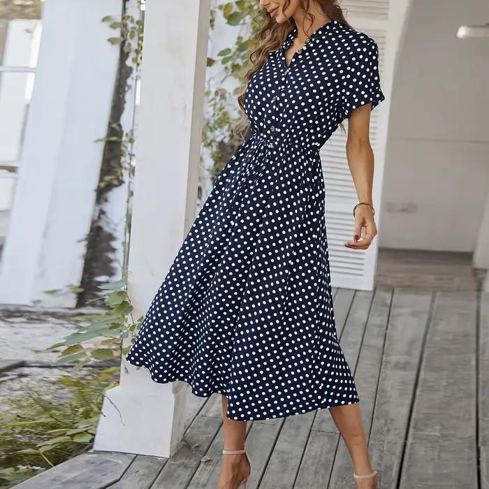 Robe mi-longue rétro élégante à pois pour femmes