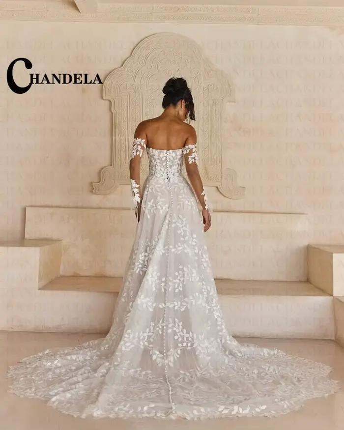 CHANDELA Vintage Tulle robes De mariée pour les femmes dentelle Appliques col bateau balayage Train bouton Robe