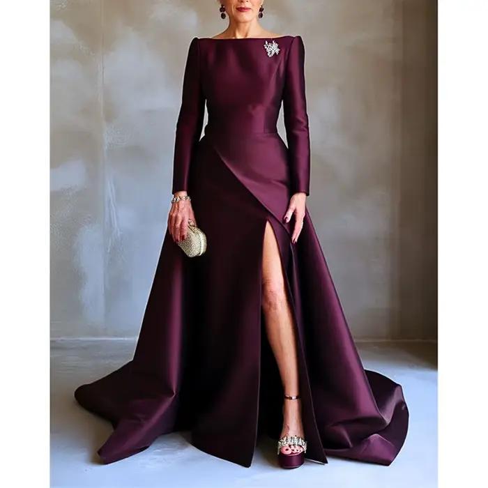 Robe de soirée élégante personnalisée col bateau manches longues longueur au sol ligne a fente latérale bal cocktail mariage mère