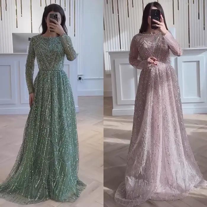 Luxe vert Olive à manches longues perlée une ligne robe de soirée pour la fête de mariage bal Serene Hill 2025 personnalisé LA72738B grande taille