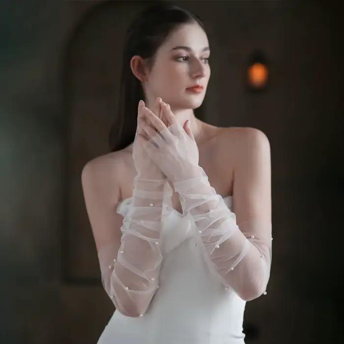 WG052 mariage sans doigts blanc/noir gants longs Tulle perles mariées demoiselle d'honneur manches femmes concours bal Handschuh