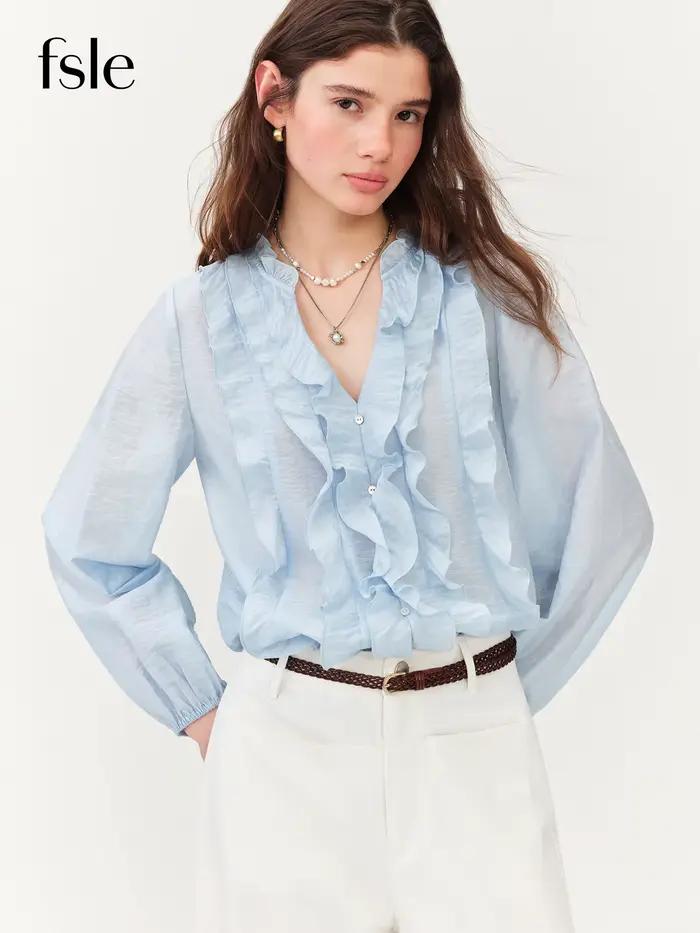 FSLE Nouvelle Collection Été 2026 – Blouse Femme Style Français Col V à Volants