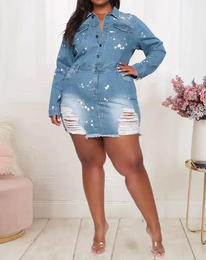 Robe en denim high street à manches longues et col rabattu avec ourlet déchiré et éclaboussures d'encre pour femmes, mini robe pour toutes les occasions spéciales