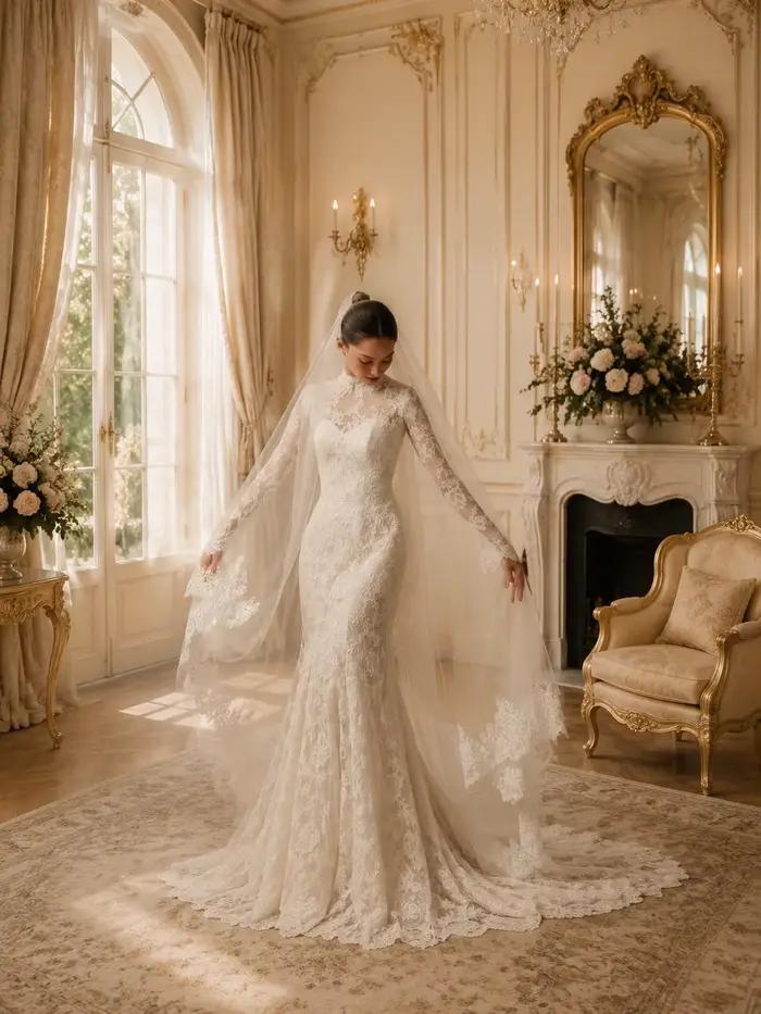 Robe de mariée de luxe en dentelle à manches longues