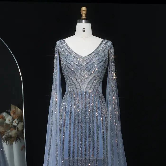 Sharon Said luxe bleu sirène arabe robe de soirée avec manches Cape élégant col en v femmes robes