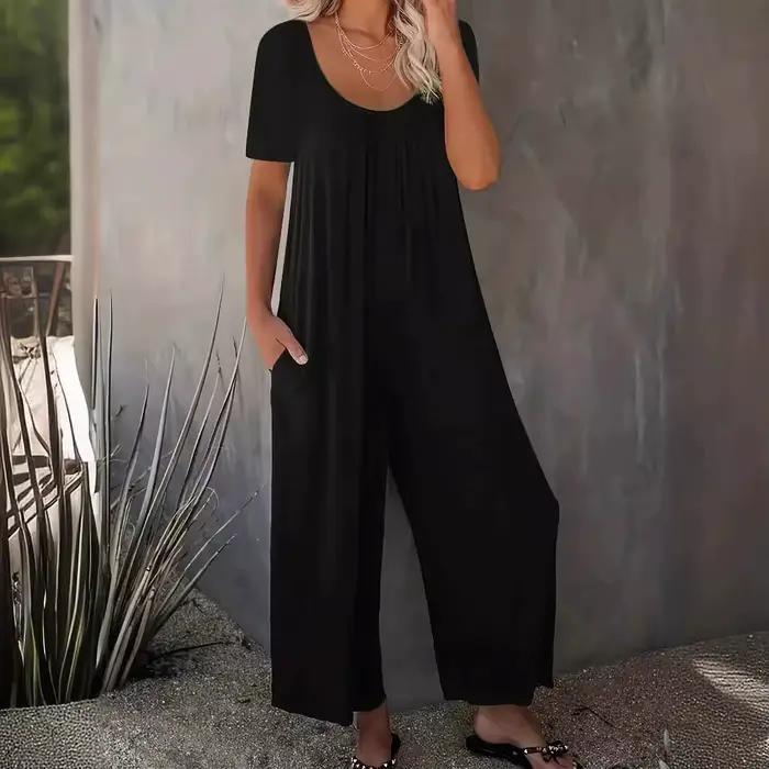 Grande taille 0XL-5XL barboteuses d'été salopette femme couleur unie combinaison avec poches décontracté mode manches courtes combinaisons