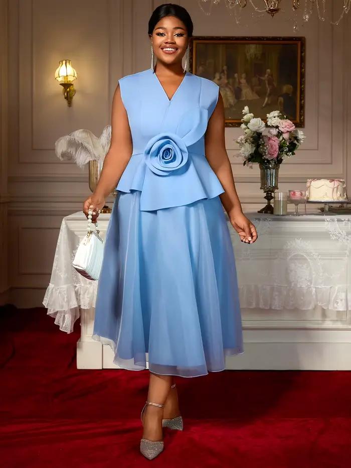 Femmes robes bleues élégant une ligne Tulle 3D fleur col en V Peplum ventre couverture fête grande taille courbe femme mode invité de mariage