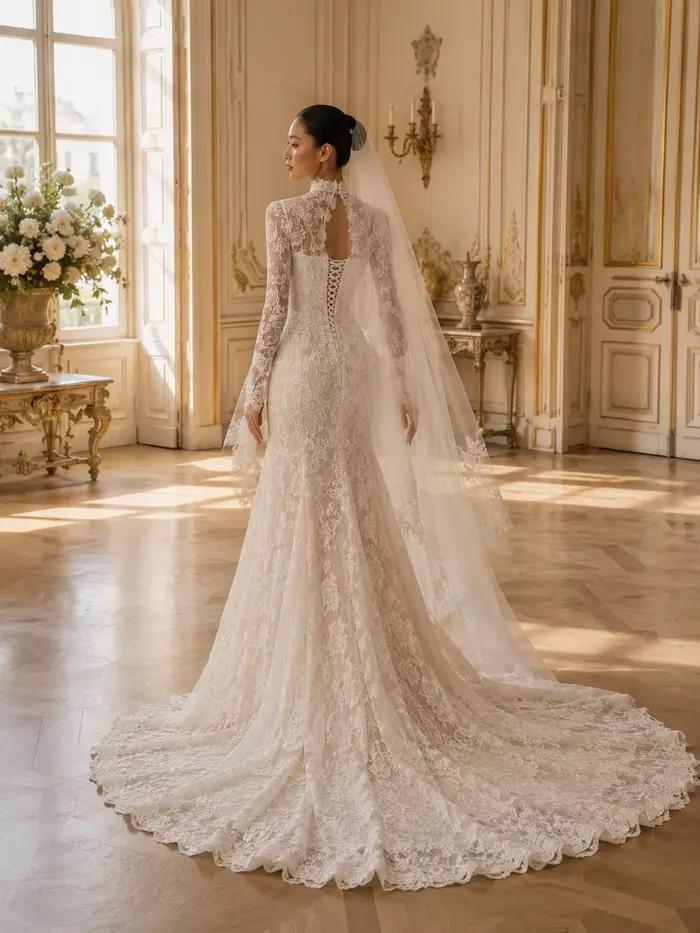 Robe de mariée de luxe en dentelle à manches longues