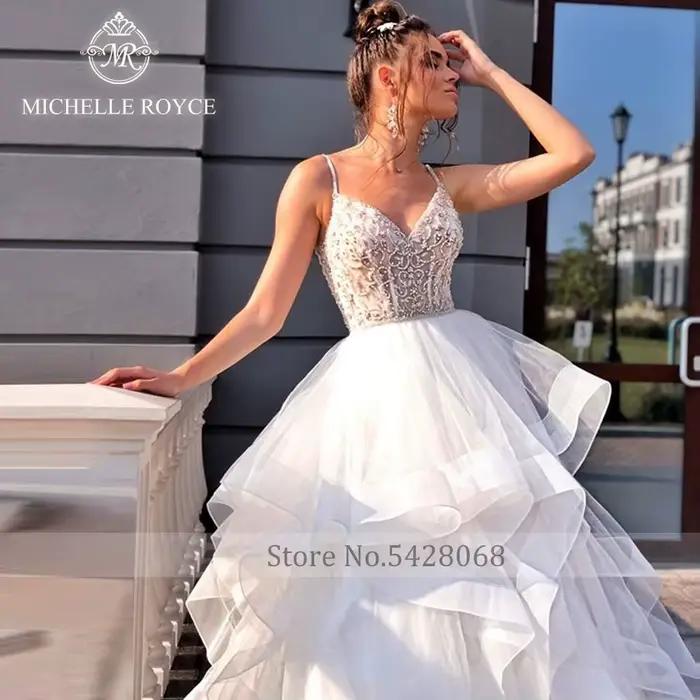 Michelle Royce chérie a-ligne robes De mariée bretelles Spaghetti découpé bouton chapelle Train robe