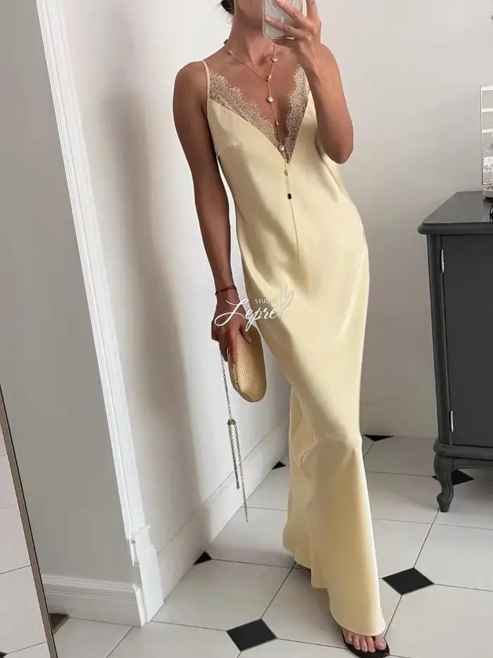 Robe longue élégante pour femme avec patchwork en dentelle