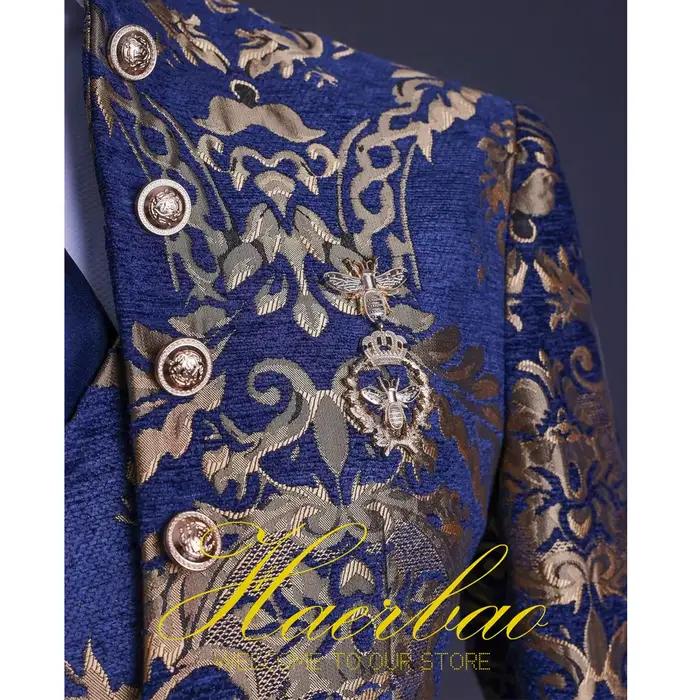 Ensemble de Costume pour hommes, col montant, costumes de mariage pour hommes, Costume de smoking formel pour marié, beau scène à bord Floral bleu or