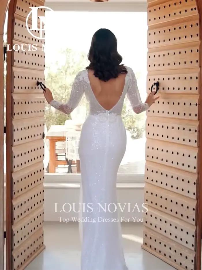LOUIS NOVIAS robes De mariée sirène col en v Appliques scintillant paillettes semi-transparent robe