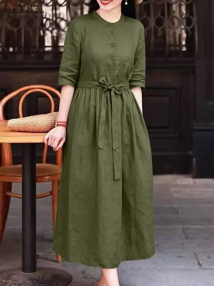 ZANZEA décontracté femmes robes longues automne col rond demi manches a-ligne Robe Femme Vintage mode quotidien couleur unie vêtements