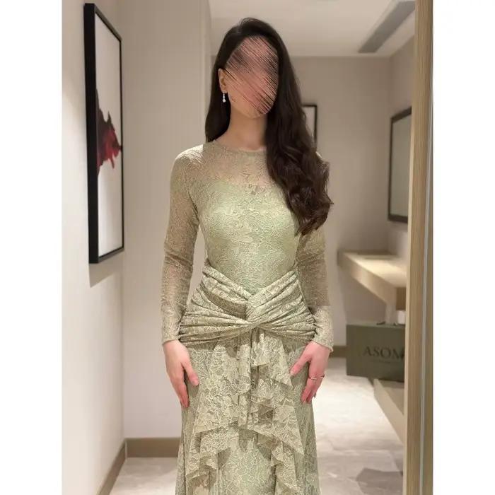 Robe longue en dentelle transparente vert sauge pour femme