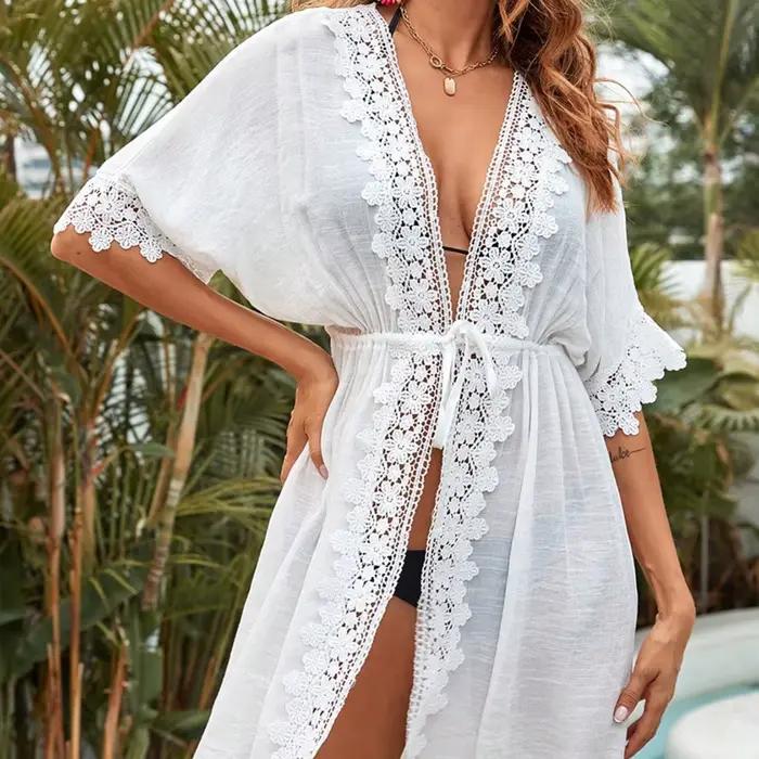 Blouse de plage en dentelle mi-longue et longue