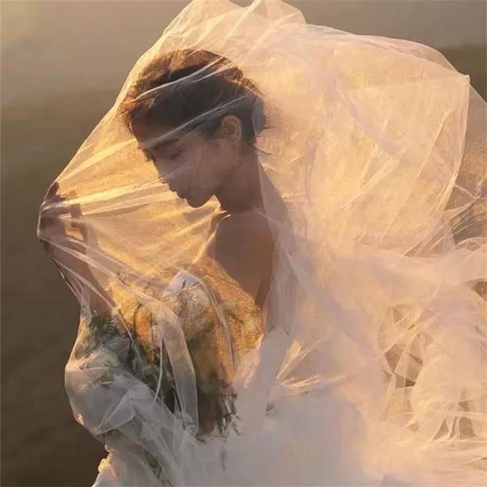 Voile de mariée classique blanc couleur champagne élégant 1 couche en tulle rigide longs voiles sans peigne accessoires