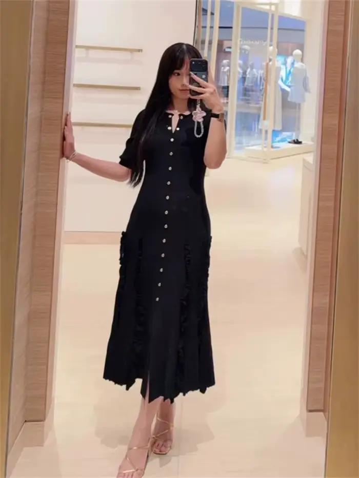 Robe Courte Tricotée Unie à Volants pour Femme