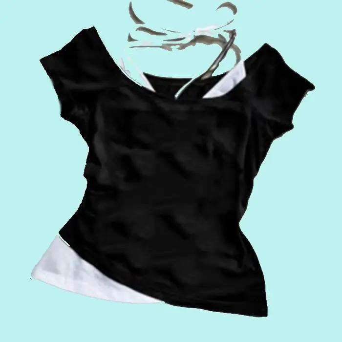 Été streetwear Nozioni de base gothique coupe ajustée faux deux pièces haut court années 90 Vêtements rétro T-shirt