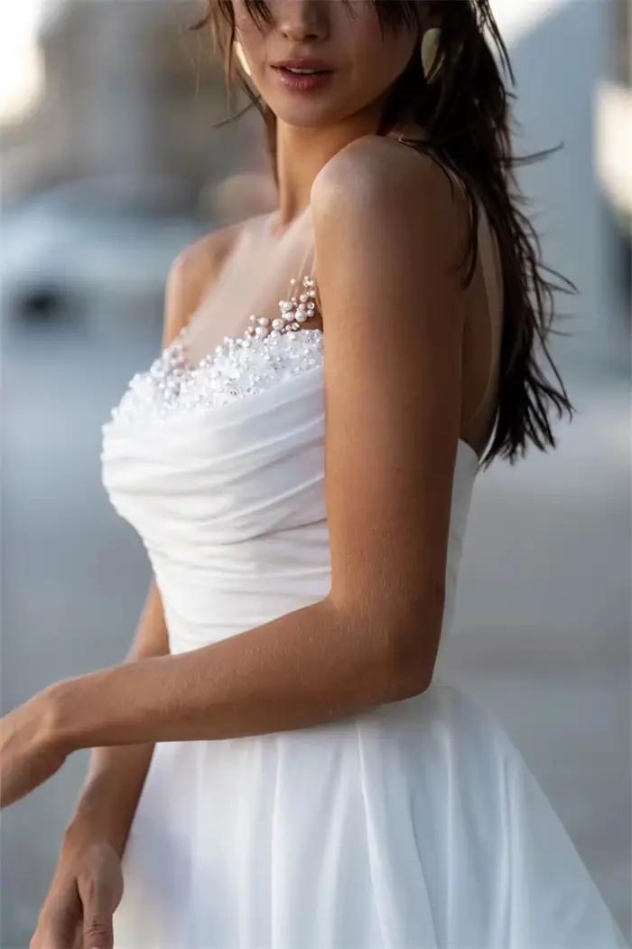 Robes de mariée personnalisées élégantes à col cœur en perles et en mousseline de soie 2026 pour femme