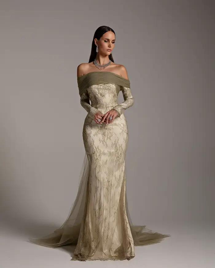 Sharon Said-Robe de Soirée en Dentelle Grise et Verte pour Femme