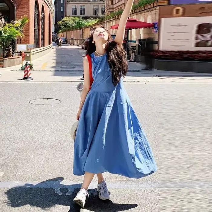 Robe longue bleue style vacances à la française pour femme