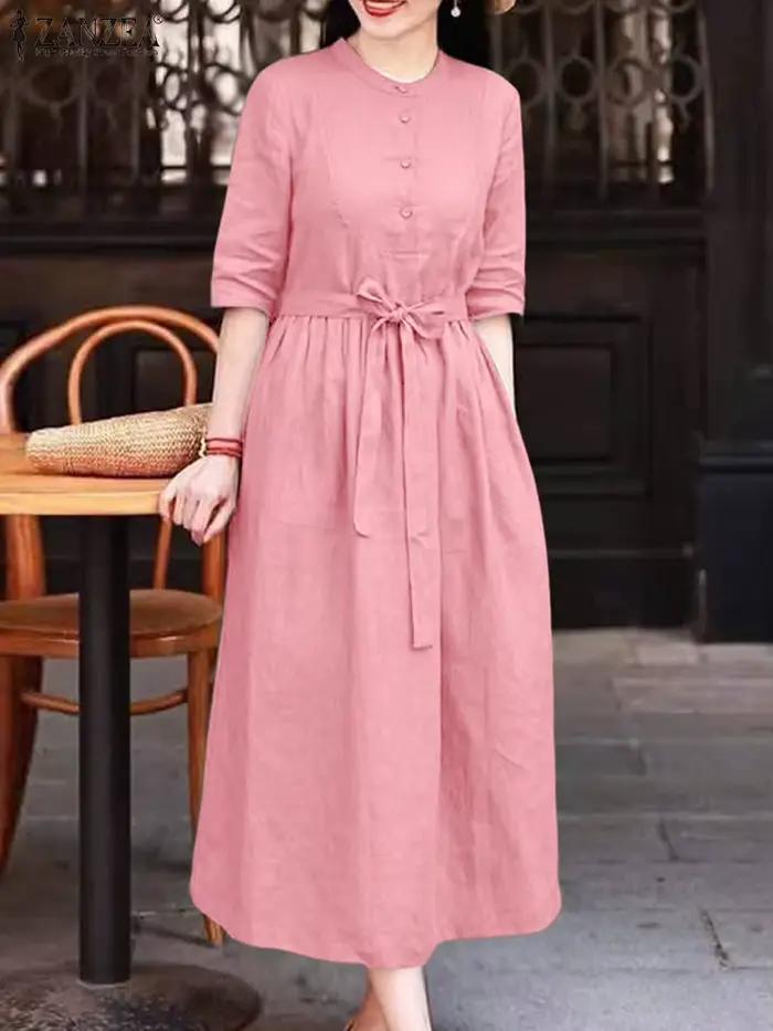 ZANZEA décontracté femmes robes longues automne col rond demi manches a-ligne Robe Femme Vintage mode quotidien couleur unie vêtements