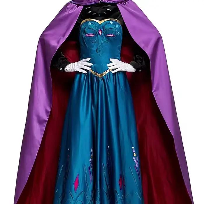 Frozen Anna Princess Long Dress with Clocak Adults Snow Queen Elsa Cosplay Costume Party Dresses for Women Halloween