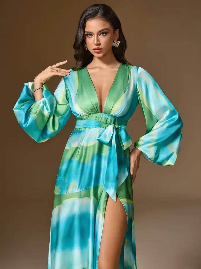Robe longue élégante vert-bleu dégradé