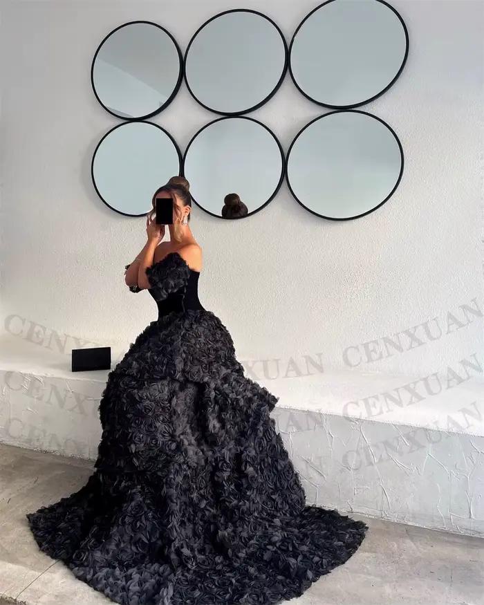 CENXUAN gracieuse robe De soirée trapèze avec fleur 3D hors De l'épaule balayage Train