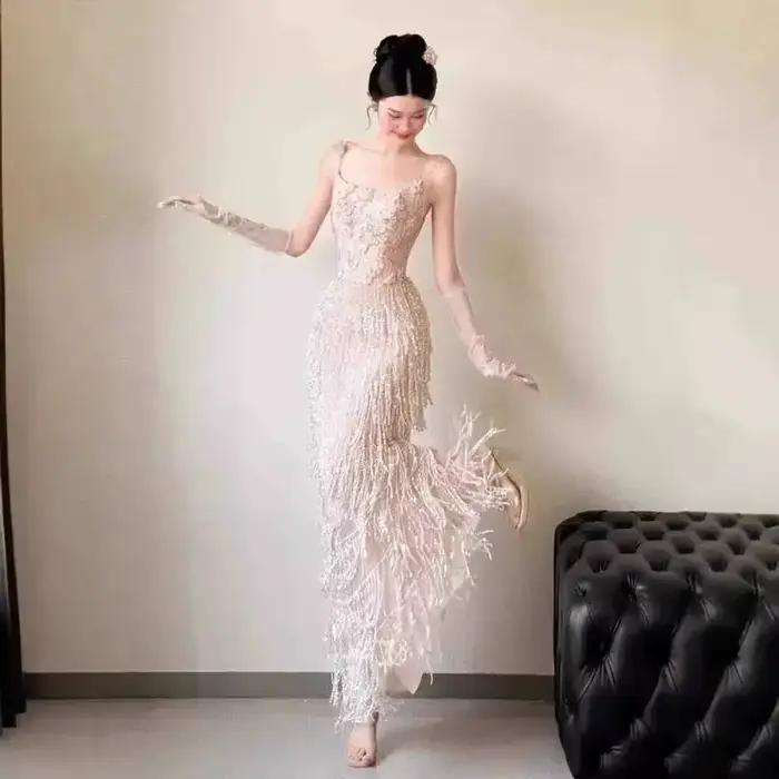 Robe à franges robe de soirée pour femme robe de princesse haut de gamme Banquet Socialite artisanat lourd fiançailles robe de soirée de luxe légère