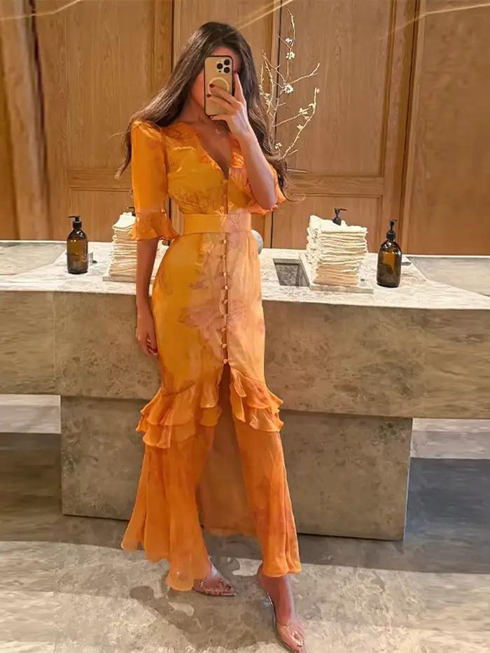 Robe longue chic pour femme col en V manches mi-longues fente haute cintrée à la taille avec volants occasions spéciales fêtes vacances été