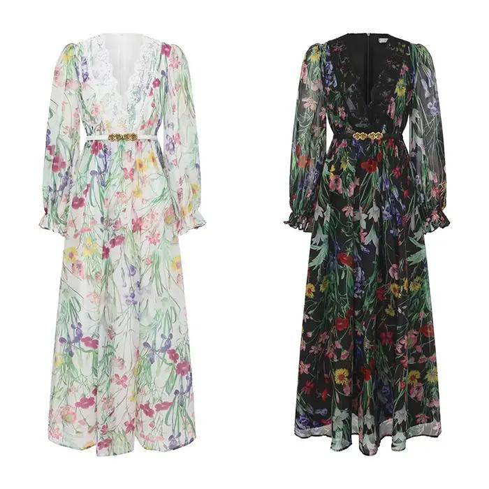 Robe de soirée longue élégante de style français vintage pour femmes, robe à manches évasées, col en V, dentelle imprimée, robe chic pour les vacances, les fêtes