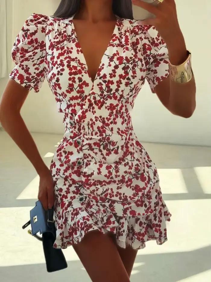 Robe d'été décontractée pour femme à taille haute, style bohème, mini-robe de plage à volants, imprimé floral vintage, robe de soirée à manches courtes