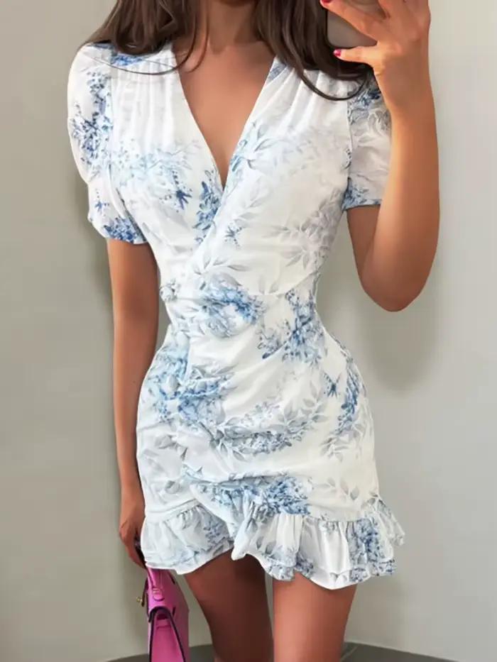 Robe d'été décontractée pour femme à taille haute, style bohème, mini-robe de plage à volants, imprimé floral vintage, robe de soirée à manches courtes