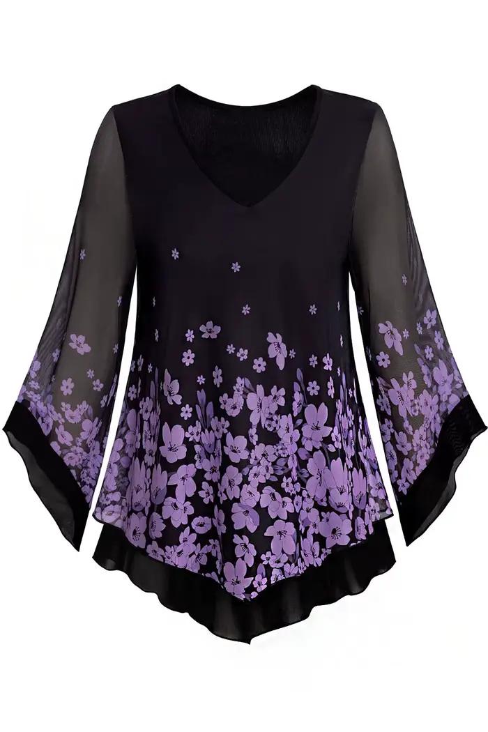 Flycurvy grande taille mariage violet mousseline de soie imprimé fleuri manches flottantes