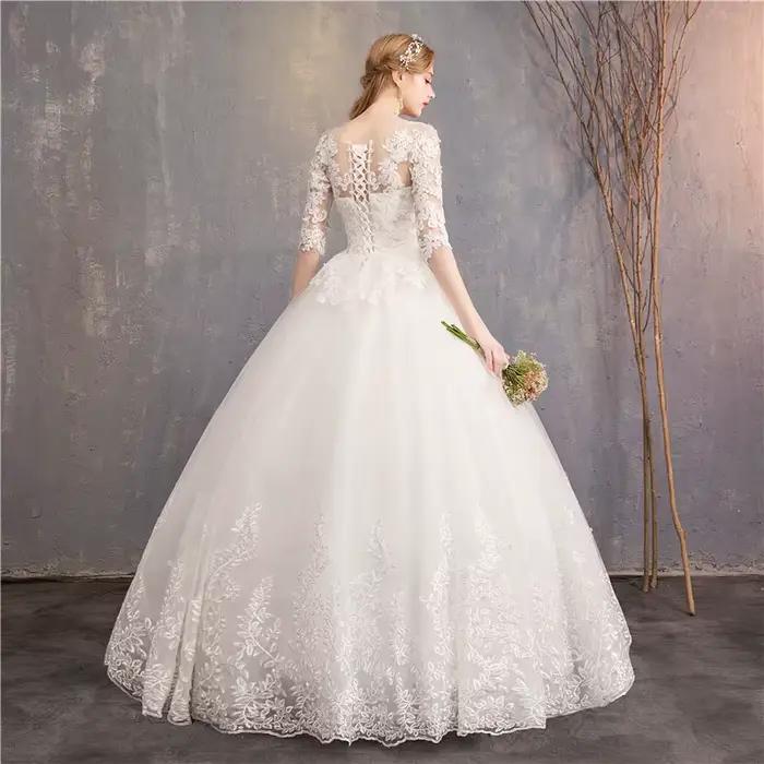 Robe de Mariée de Luxe en Dentelle Brodée à Demi-Manches