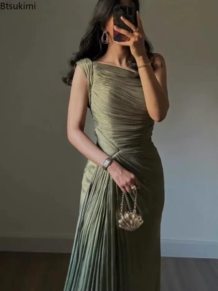 Robe de soirée plissée à corset olive green pour femme, élégante et polyvalente pour toutes les occasions sociales et quotidiennes