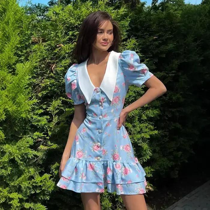 Robe imprimée à manches bouffantes et à volants pour femmes
