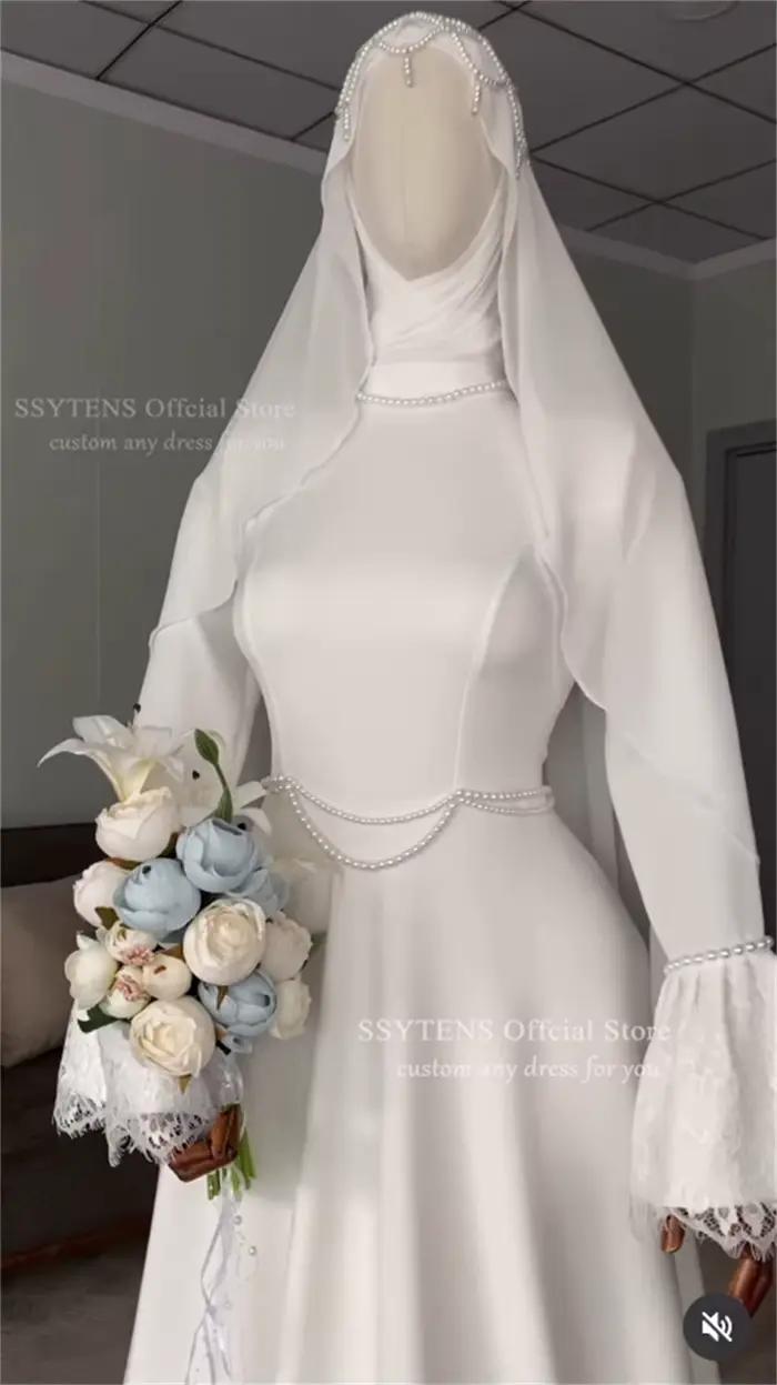 SSYTENS Robes de mariée musulmanes modestes pour les mariées, personnalisées, en dentelle ivoire, coupe trapèze, avec perles, pour Nikkah, longues, Vestidos De Noiva
