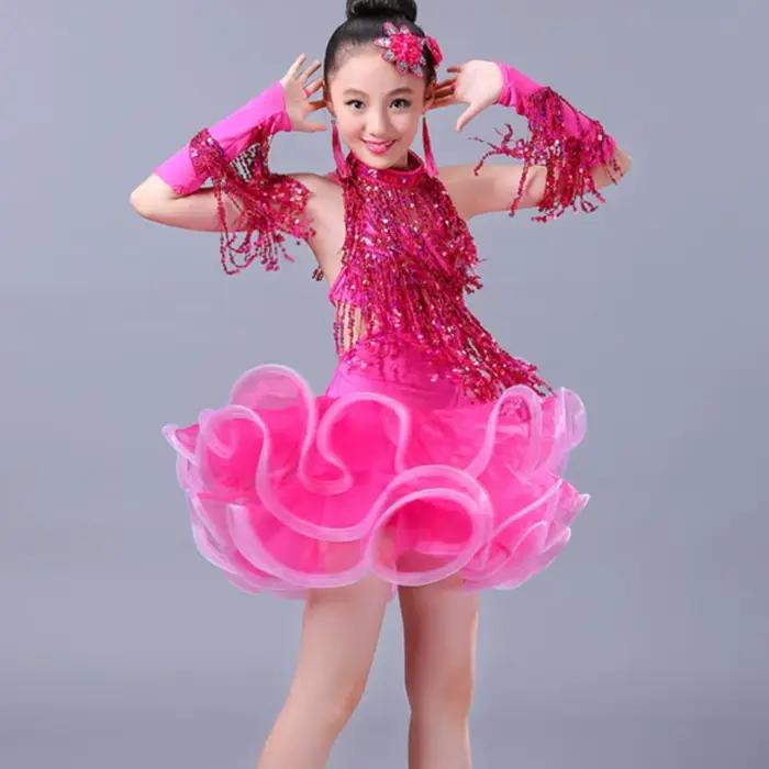 Robe de danse latine à franges et paillettes pour filles