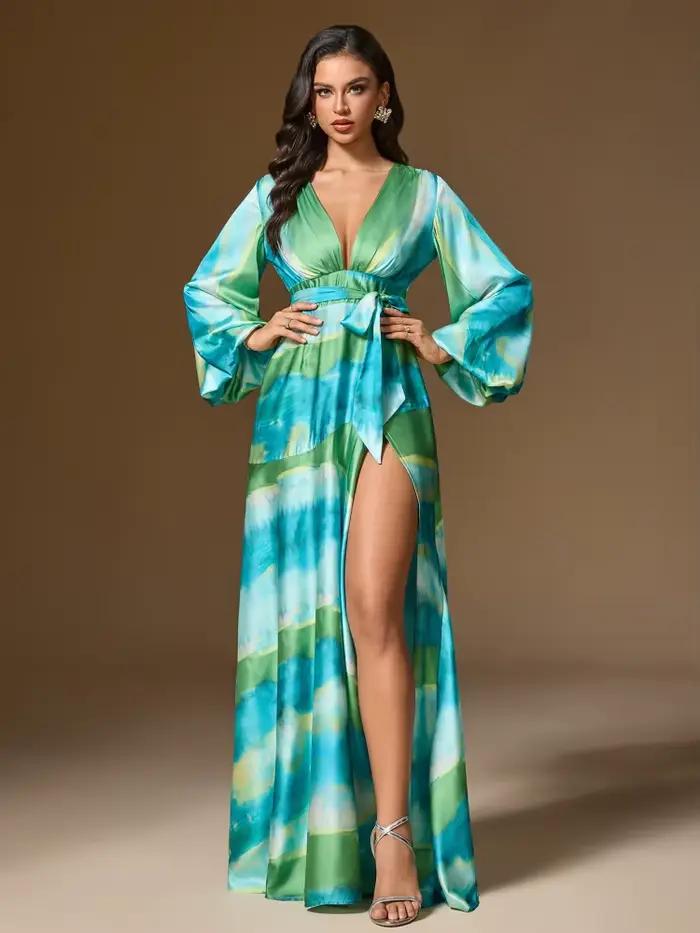Robe longue élégante vert-bleu dégradé