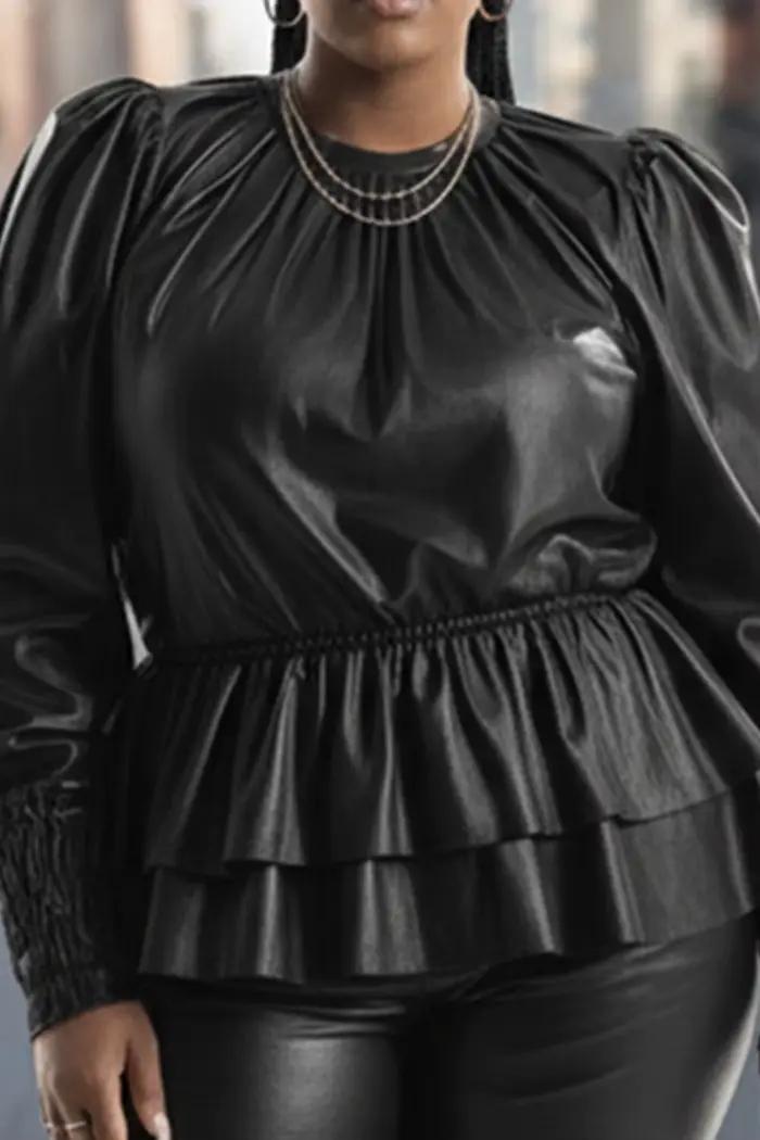 Chemisier en cuir PU noir décontracté avec manches à volants pour femmes élégantes occasions business casual semi-formel quotidiennes